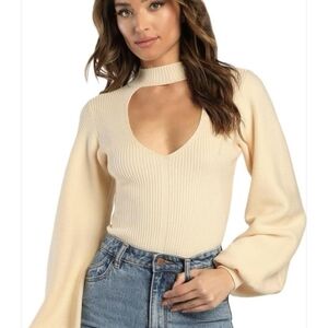 Lulus Sweater Bodysuit Seasonal Elegance Cutout Balloon Sleeve Ribbed Cream Sz S